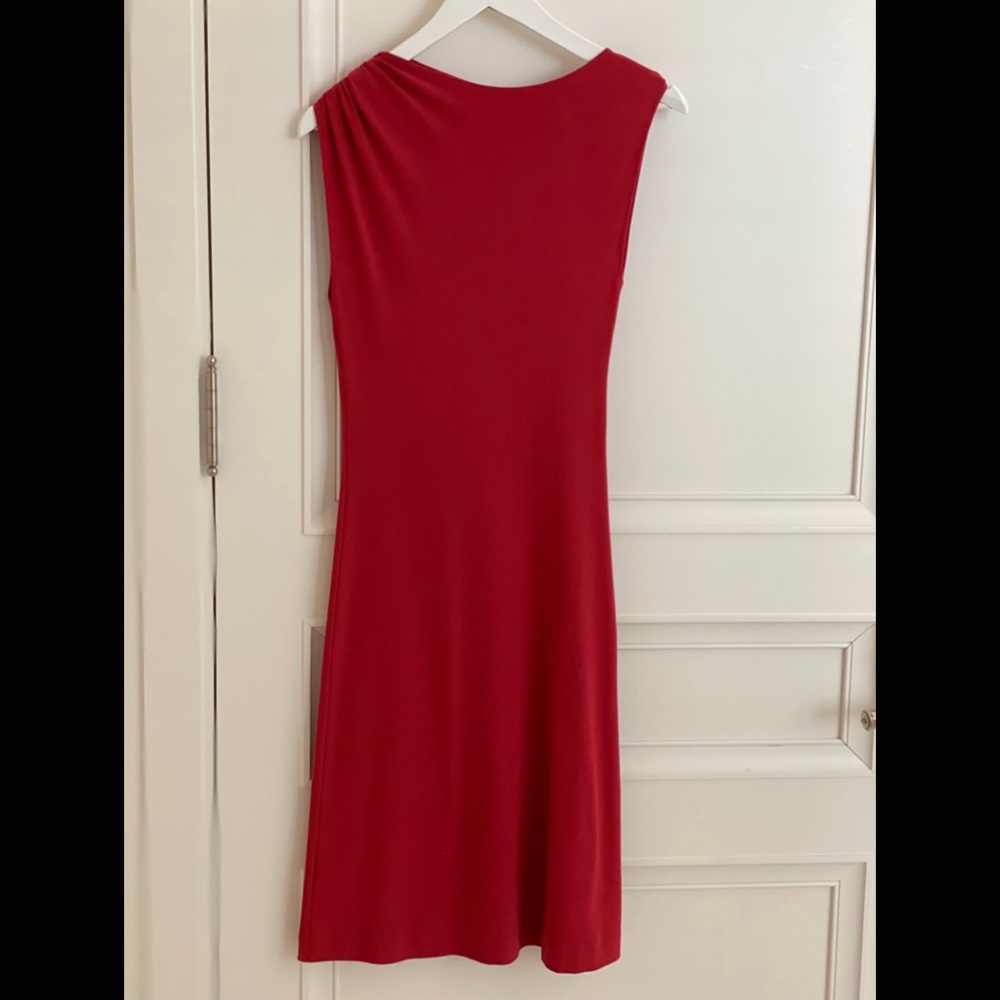 Narciso Rodriguez Red Sheath Sleeveless Dress with Shirred Shoulder
